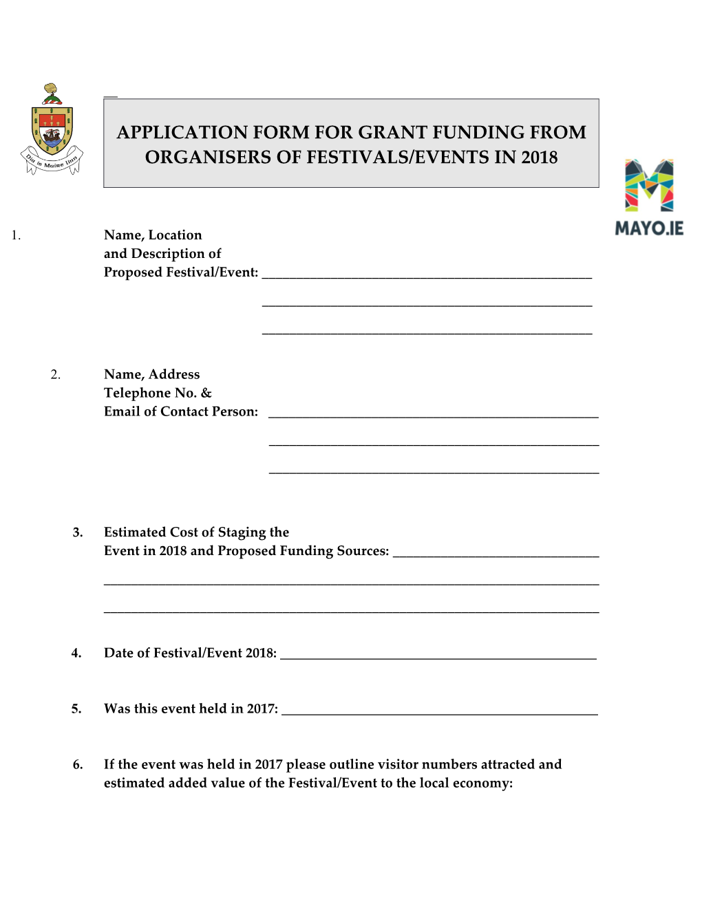 Application Form for Grant Funding from Organisers of Festivals/Events in 2018