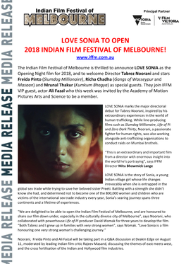 Love Sonia to Open 2018 Indian Film Festival of Melbourne!