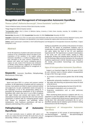 Recognition and Management of Intraoperative Autonomic Dysreflexia Thomas Lyford1, Katherine Borowczyk1, Simon Danieletto1 and Ruan Vlok1,2*
