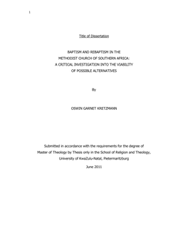 Title of Dissertation BAPTISM and REBAPTISM in the METHODIST