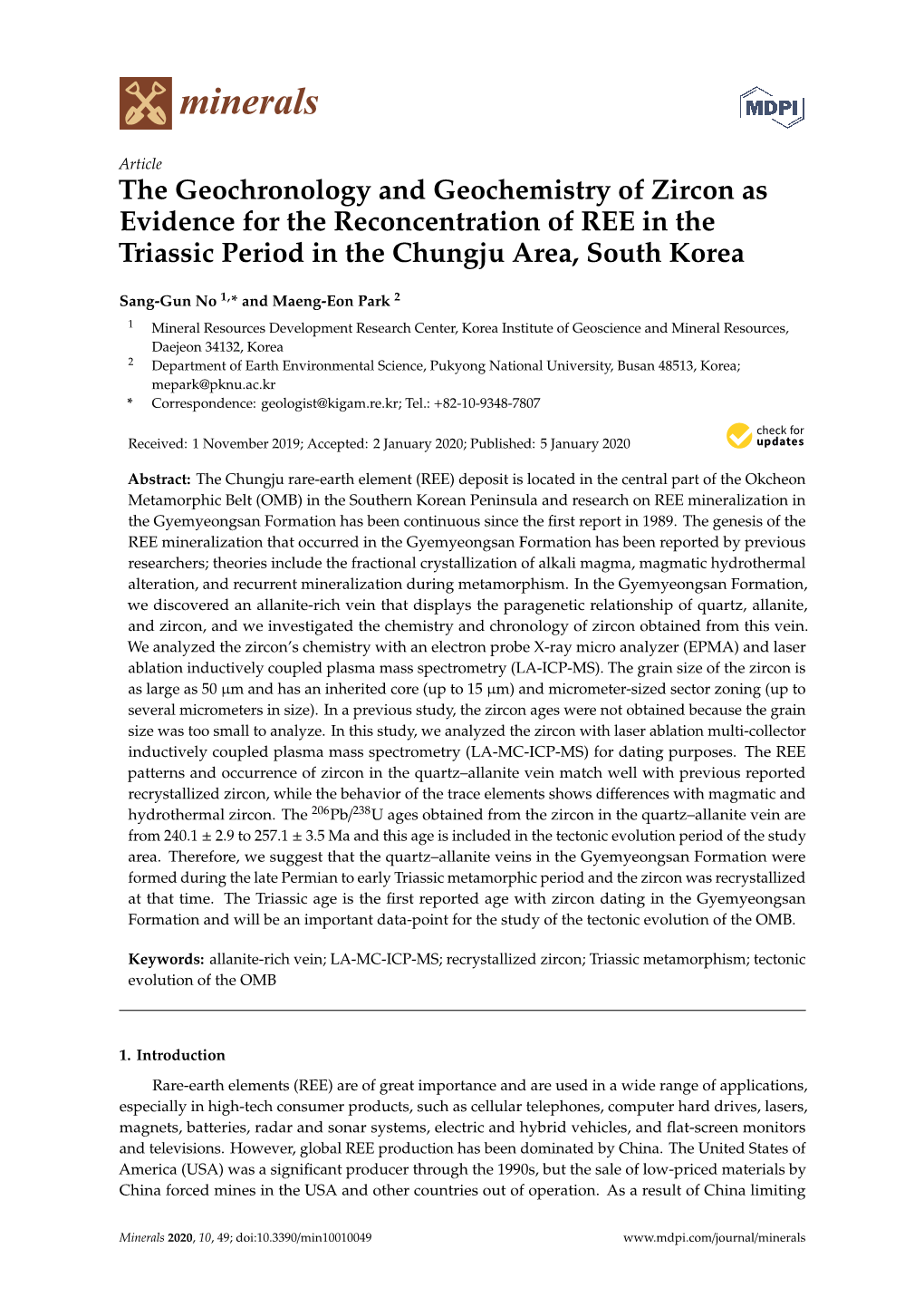 The Geochronology and Geochemistry of Zircon As Evidence for the Reconcentration of REE in the Triassic Period in the Chungju Area, South Korea