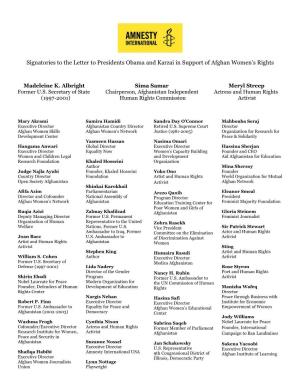 Signatories to the Letter to Presidents Obama and Karzai in Support of Afghan Women’S Rights