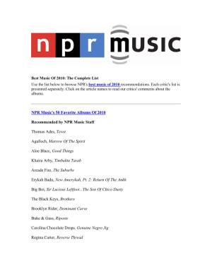 NPR Music's 50 Favorite Albums of 2010 Recommended by NPR