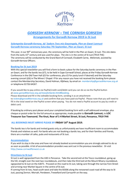 THE CORNISH GORSEDH Arrangements for Gorsedh Kernow 2019 in St Just