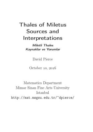 Thales of Miletus Sources and Interpretations Miletli Thales Kaynaklar Ve Yorumlar