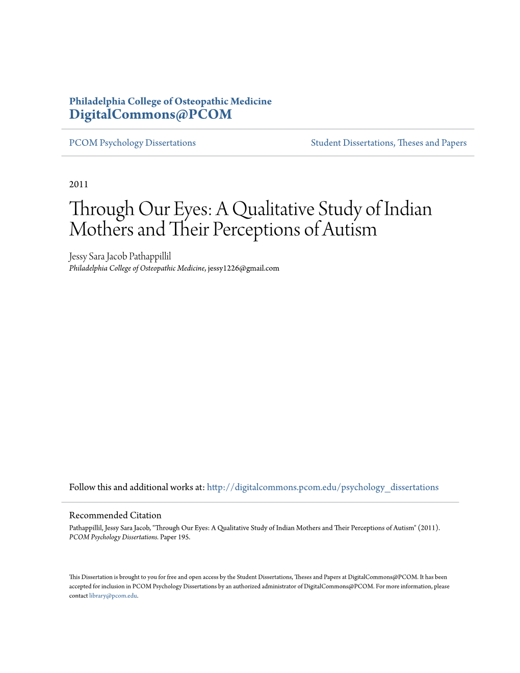 A Qualitative Study of Indian Mothers and Their Perceptions of Autism
