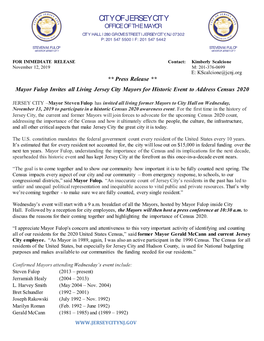 Press Release ** Mayor Fulop Invites All Living Jersey City Mayors For