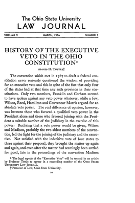 History of the Executive Veto in the Ohio Constitution* Alonzo H