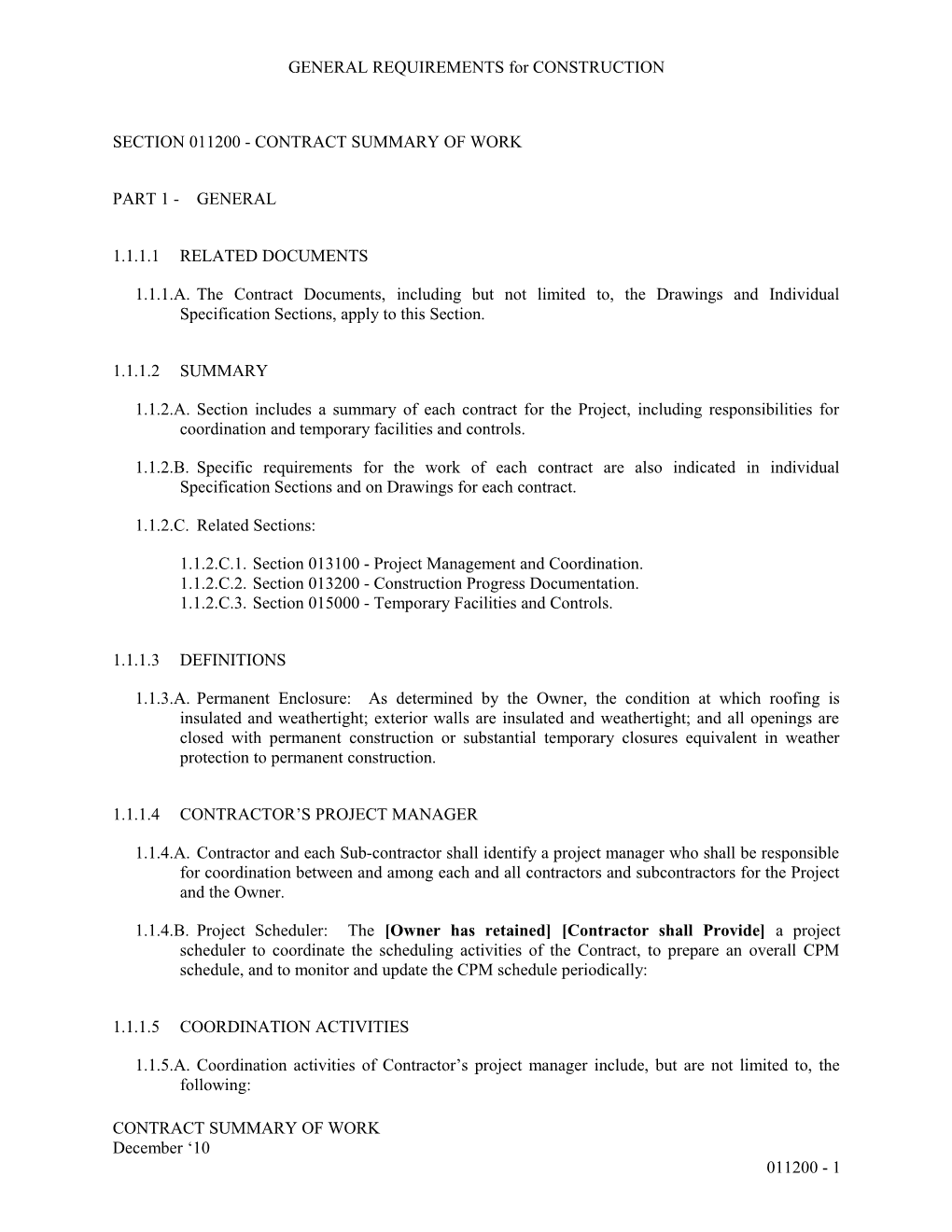 Section 011200 - Multiple Contract Summary