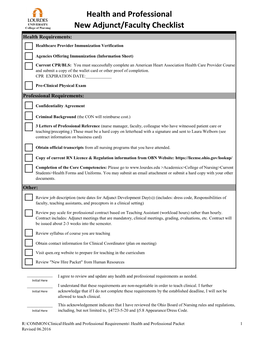 Health and Professional New Adjunct/Faculty Checklist Health Requirements: Healthcare Provider Immunization Verification