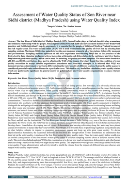 Assessment of Water Quality Status of Son River Near Sidhi District (Madhya Pradesh) Using Water Quality Index