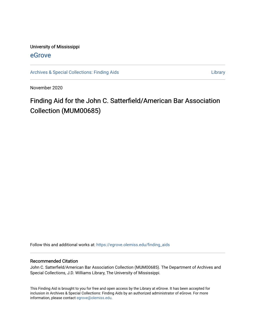 Finding Aid for the John C. Satterfield/American Bar Association Collection (MUM00685)