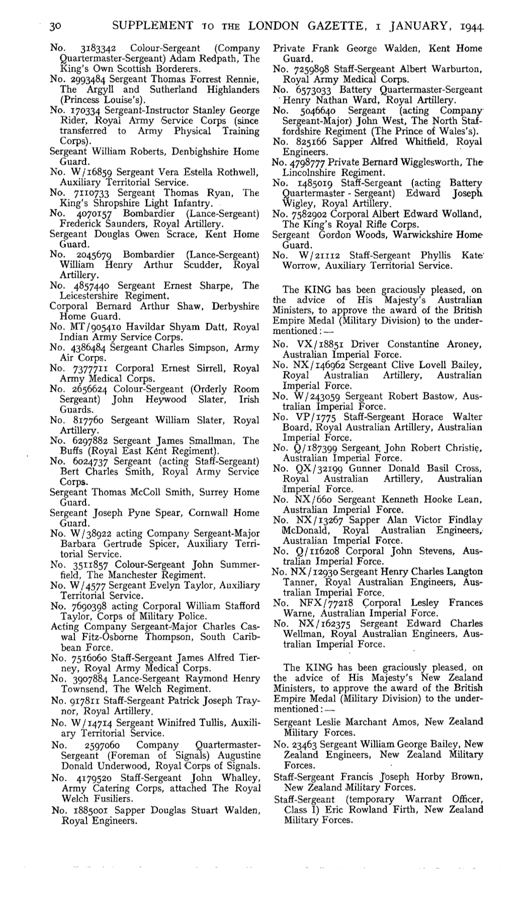 SUPPLEMENT to the LONDON GAZETTE, I JANUARY, 1944