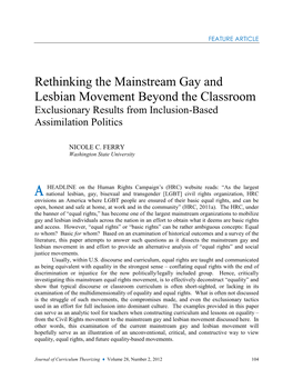 Rethinking the Mainstream Gay and Lesbian Movement Beyond the Classroom Exclusionary Results from Inclusion-Based Assimilation Politics