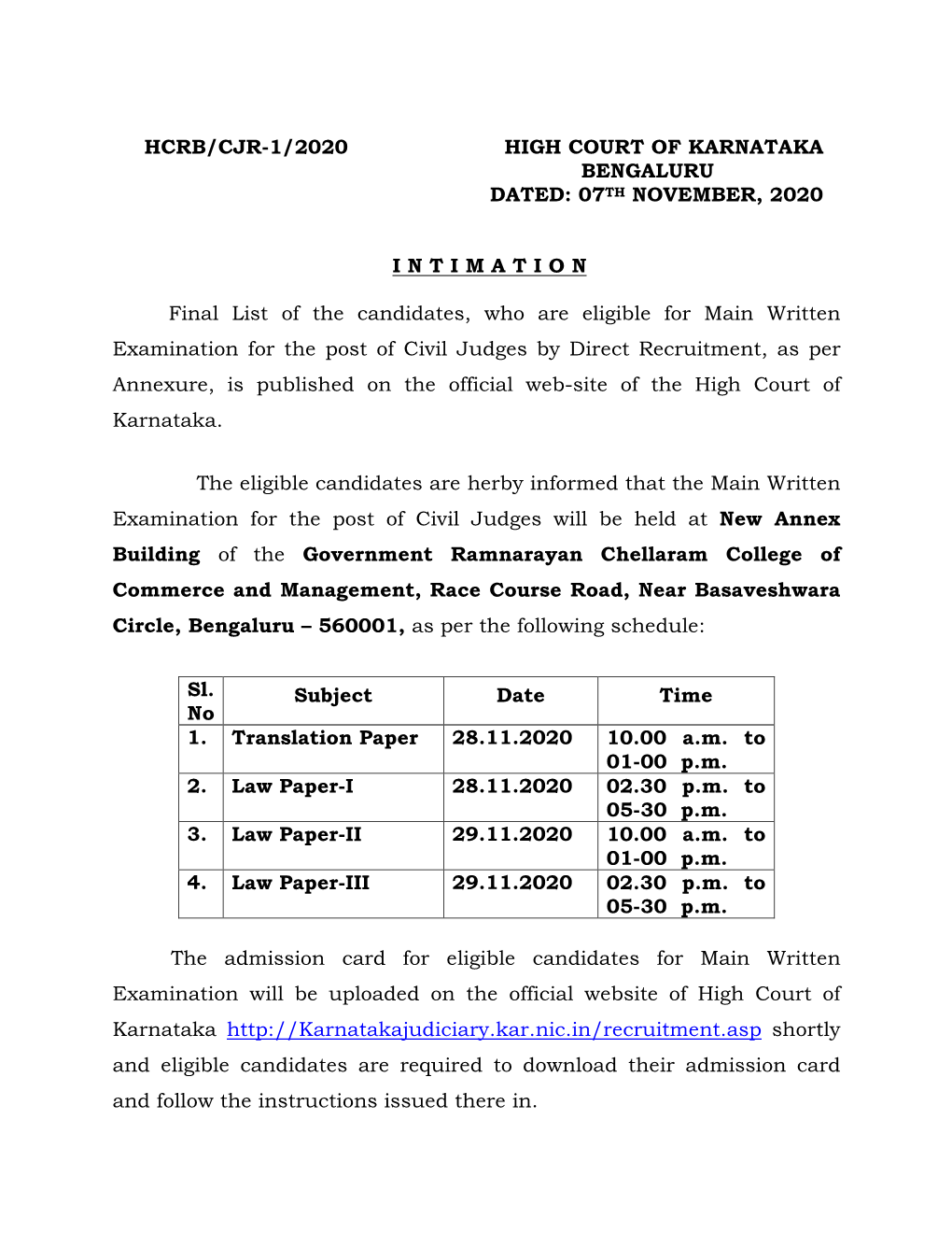 07TH NOVEMBER, 2020 INTIMATION Final List of the Candidates, W