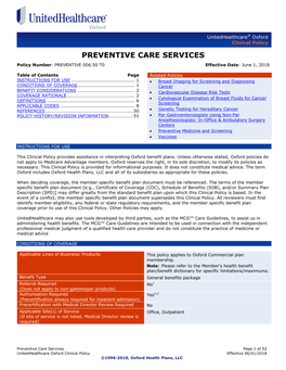 PREVENTIVE CARE SERVICES Policy Number: PREVENTIVE 006.50 T0 Effective Date: June 1, 2018