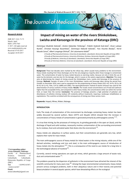 Impact of Mining on Water of the Rivers Shinkolobwe, Lwisha And