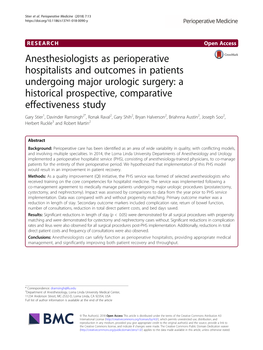 Anesthesiologists As Perioperative Hospitalists and Outcomes In