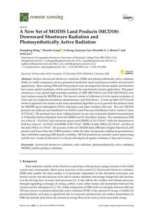 A New Set of MODIS Land Products (MCD18): Downward Shortwave Radiation and Photosynthetically Active Radiation
