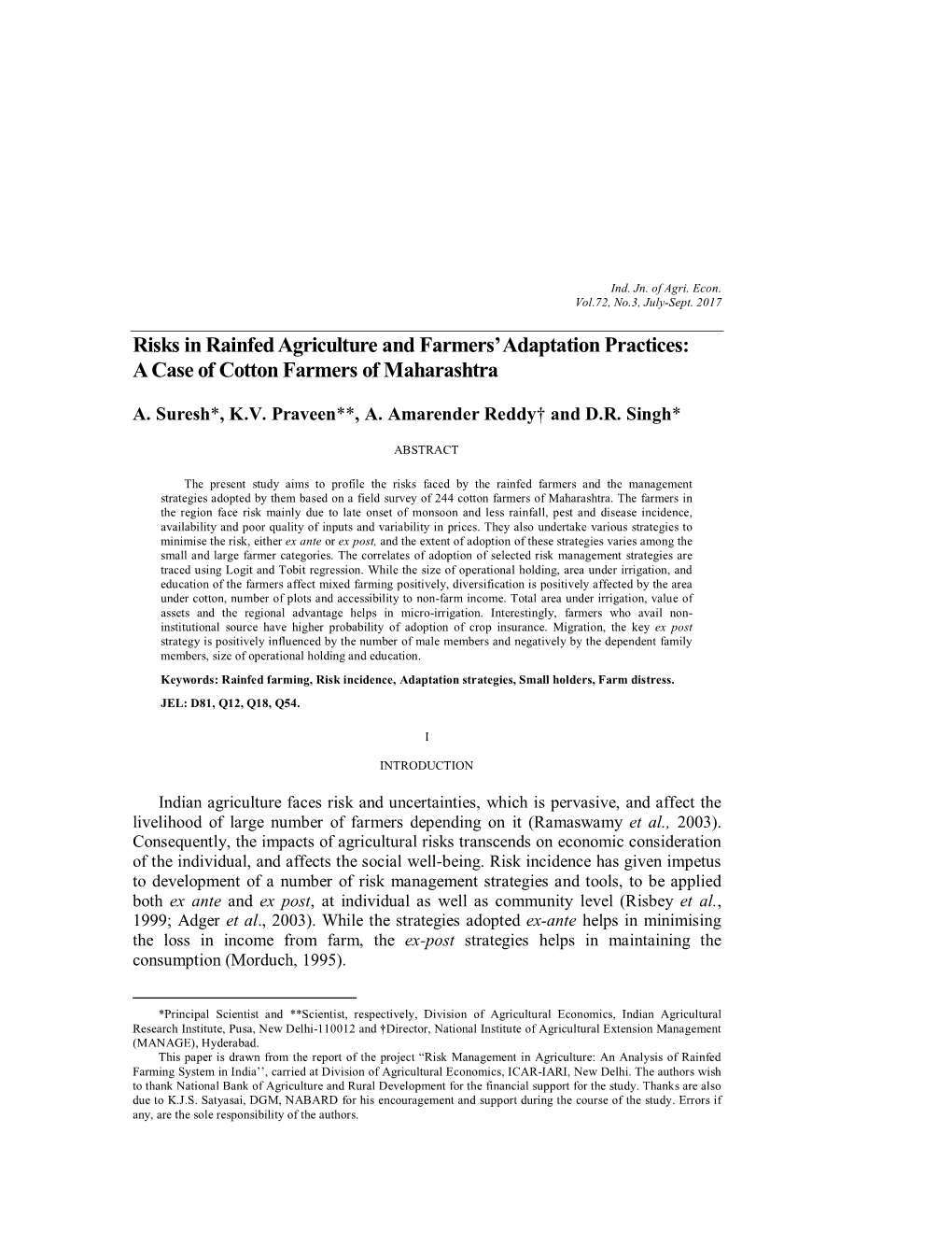 Risks in Rainfed Agriculture and Farmers’ Adaptation Practices: a Case of Cotton Farmers of Maharashtra