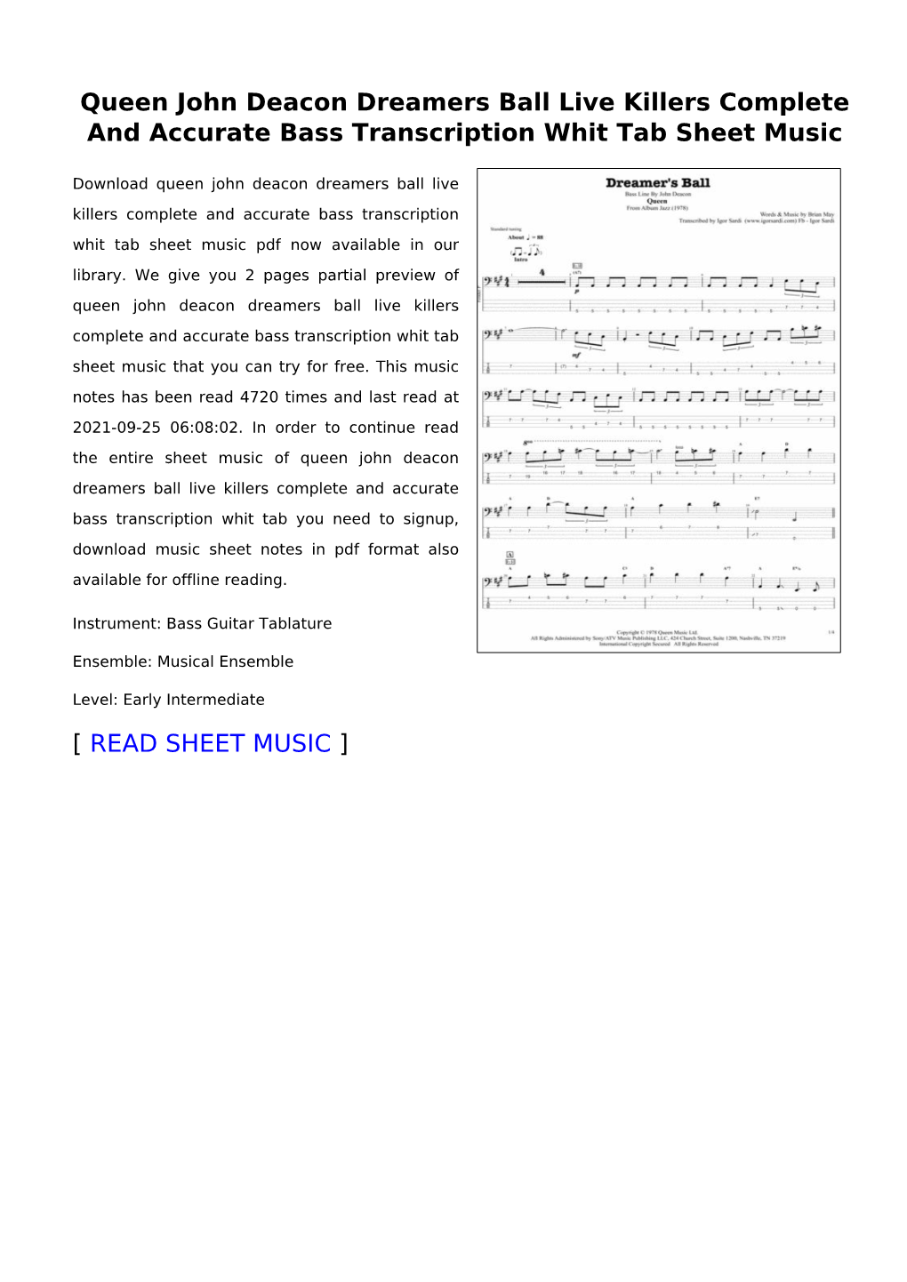 Queen John Deacon Dreamers Ball Live Killers Complete and Accurate Bass Transcription Whit Tab Sheet Music