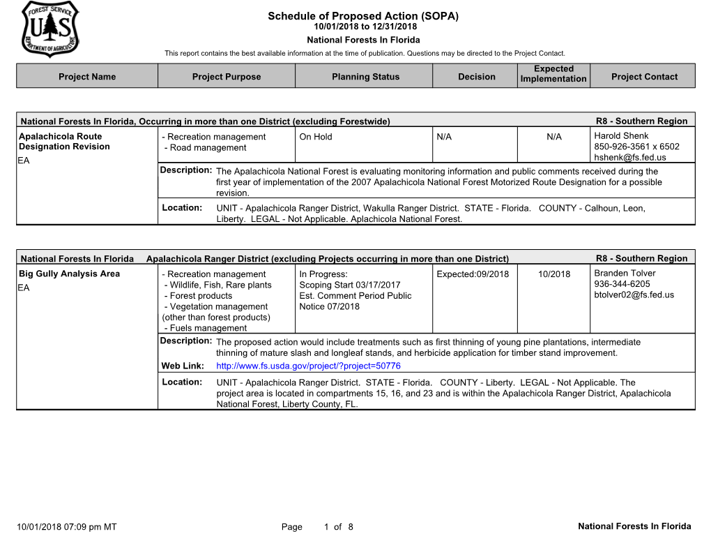 Schedule of Proposed Action (SOPA) 10/01/2018 to 12/31/2018 National Forests in Florida This Report Contains the Best Available Information at the Time of Publication