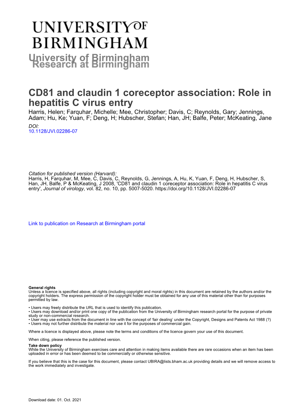 University of Birmingham CD81 and Claudin 1 Coreceptor Association