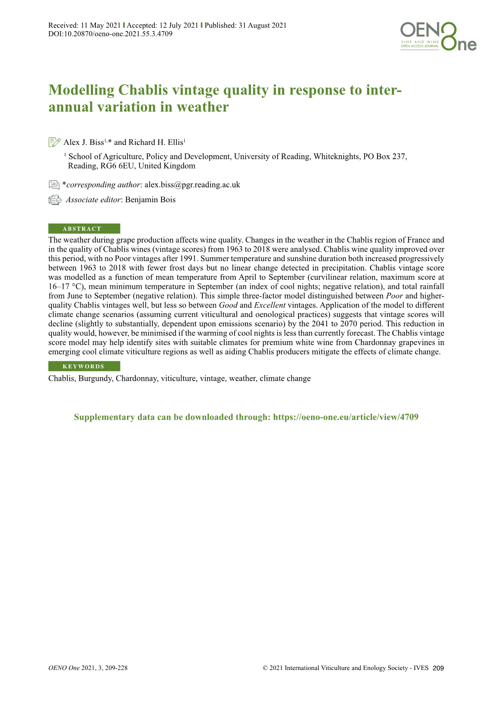 Modelling Chablis Vintage Quality in Response to Inter- Annual Variation in Weather