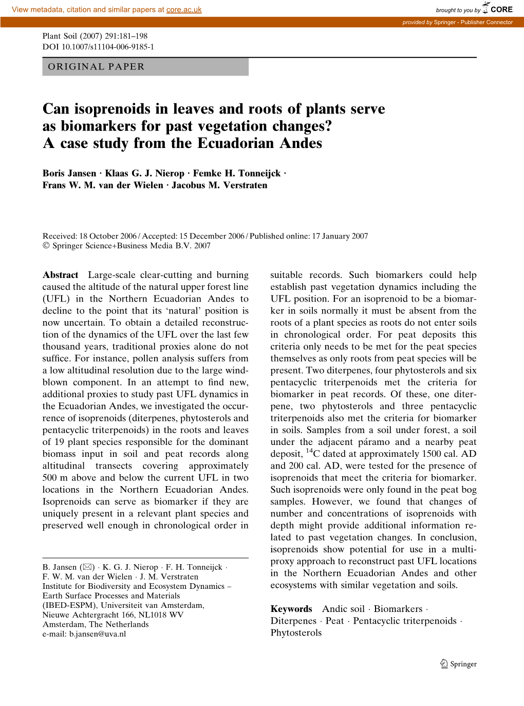 Can Isoprenoids in Leaves and Roots of Plants Serve As Biomarkers for Past Vegetation Changes? a Case Study from the Ecuadorian Andes