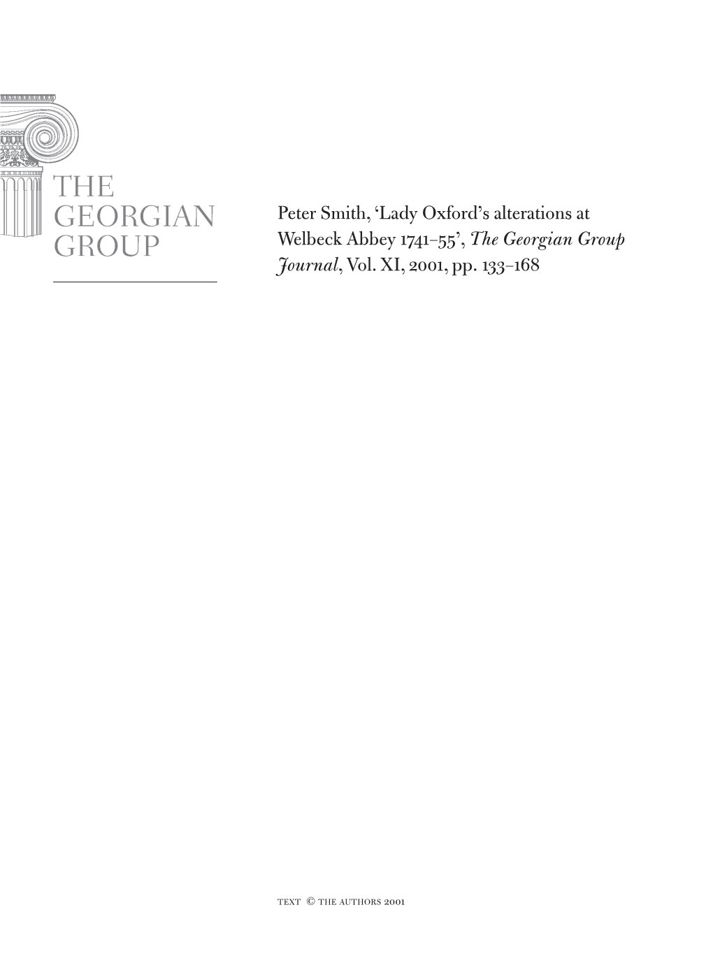 Peter Smith, 'Lady Oxford's Alterations at Welbeck Abbey 1741–55', the Georgian Group Journal, Vol. Xi, 2001, Pp