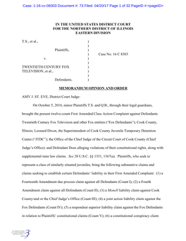 IN the UNITED STATES DISTRICT COURT for the NORTHERN DISTRICT of ILLINOIS EASTERN DIVISION T.S., Et Al., ) ) Plaintiffs, ) )