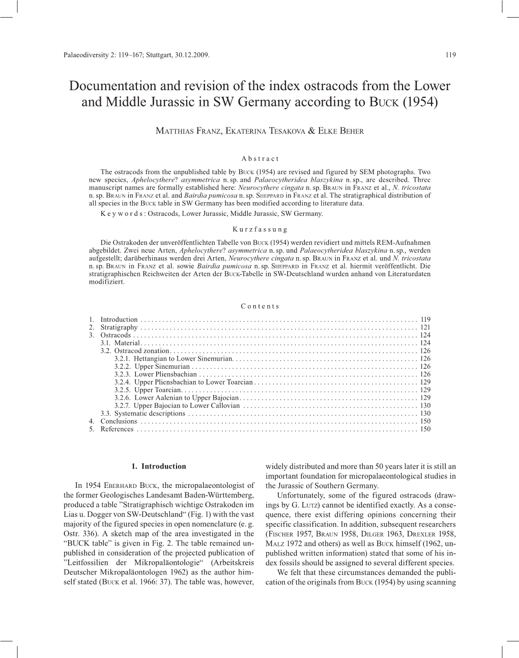 Documentation and Revision of the Index Ostracods from the Lower and Middle Jurassic in SW Germany According to BUCK (1954)