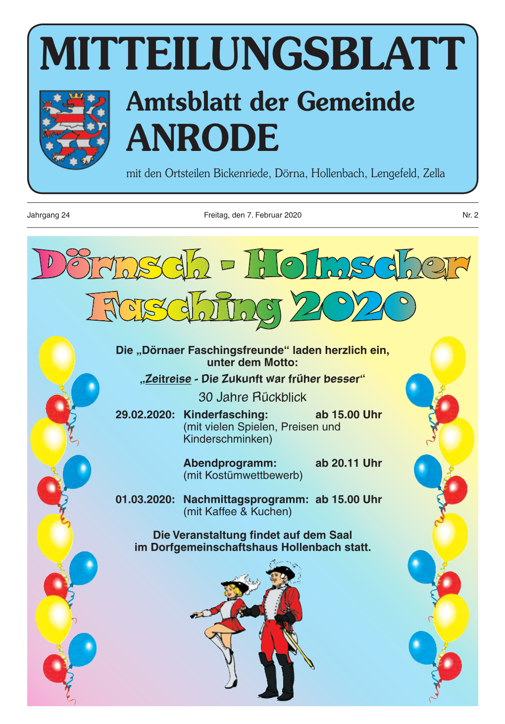 MITTEILUNGSBLATT Amtsblatt Der Gemeinde ANRODE Mit Den Ortsteilen Bickenriede, Dörna, Hollenbach, Lengefeld, Zella