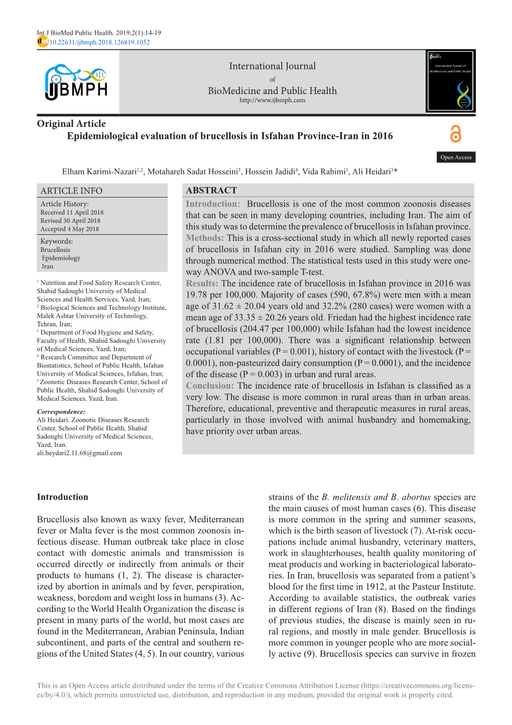 International Journal Biomedicine and Public Health Original Article Epidemiological Evaluation of Brucellosis in Isfahan Provin