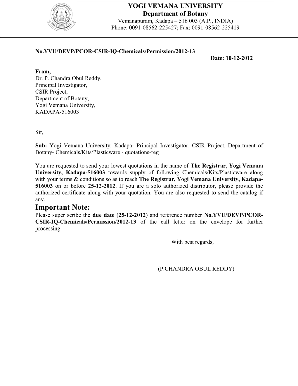 No.YVU/DEVP/PCOR-CSIR-IQ-Chemicals/Permission/2012-13