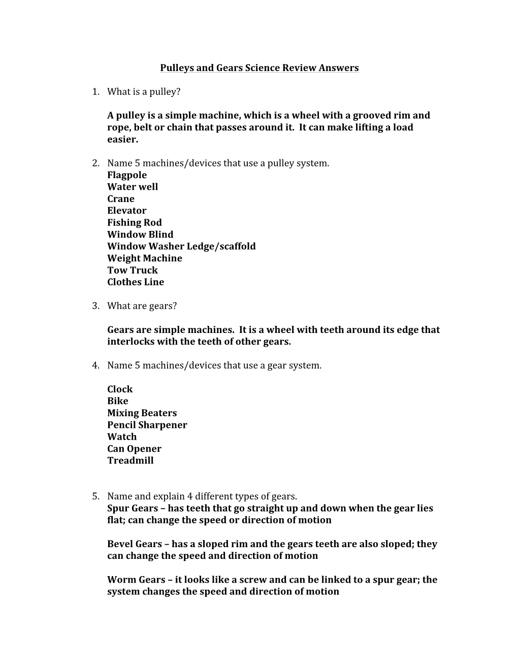 Pulleys and Gears Science Review Answers