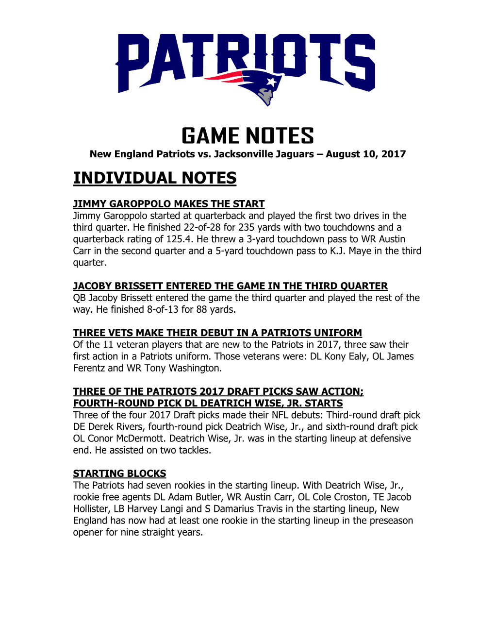 GAME NOTES New England Patriots Vs