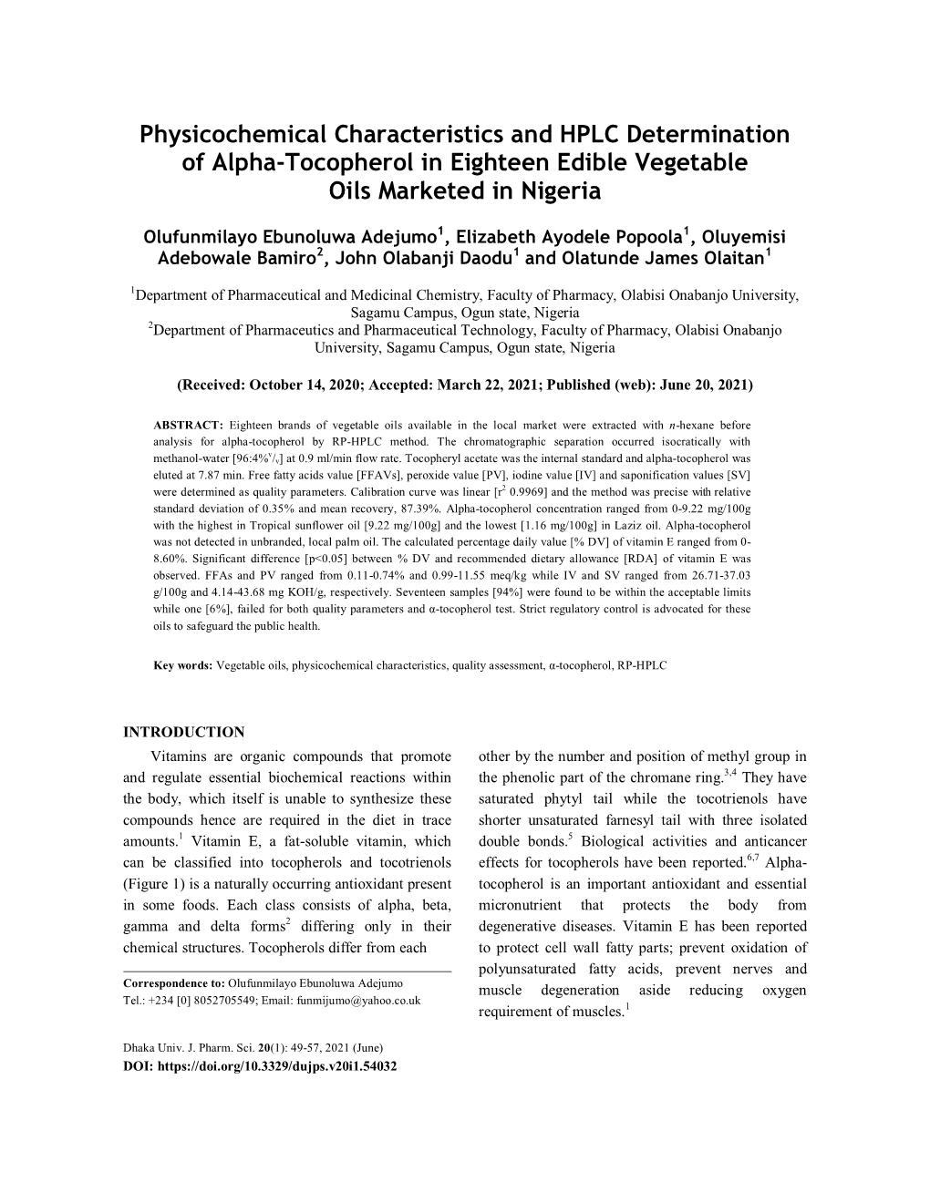 Physicochemical Characteristics and HPLC Determination of Alpha-Tocopherol in Eighteen Edible Vegetable Oils Marketed in Nigeria