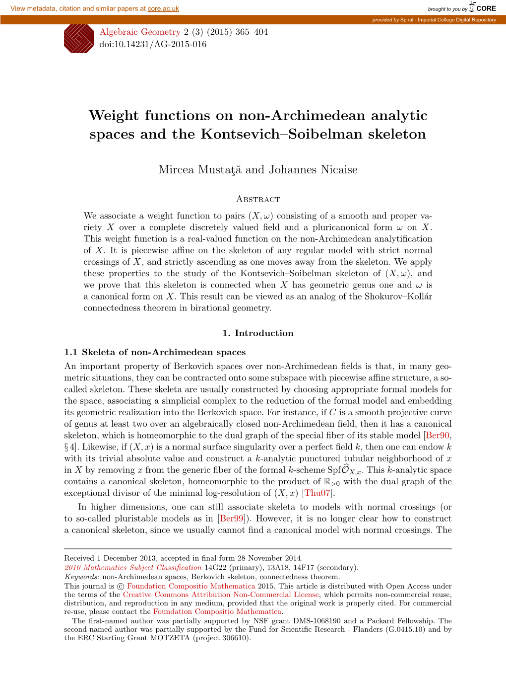 Weight Functions on Non-Archimedean Analytic Spaces and the Kontsevich–Soibelman Skeleton