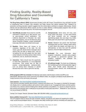 Finding Quality, Reality-Based Drug Education and Counseling for California’S Teens