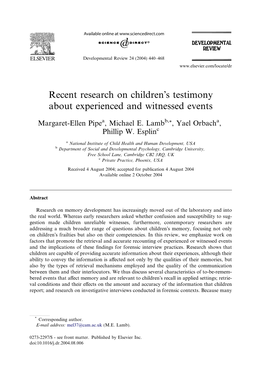 Recent Research on Children's Testimony About Experienced And