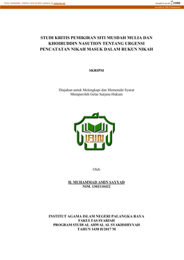 Studi Kritis Pemikiran Siti Musdah Mulia Dan Khoiruddin Nasution Tentang Urgensi Pencatatan Nikah Masuk Dalam Rukun Nikah Halaman Judul