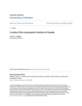A Study of the Consumption Function in Canada