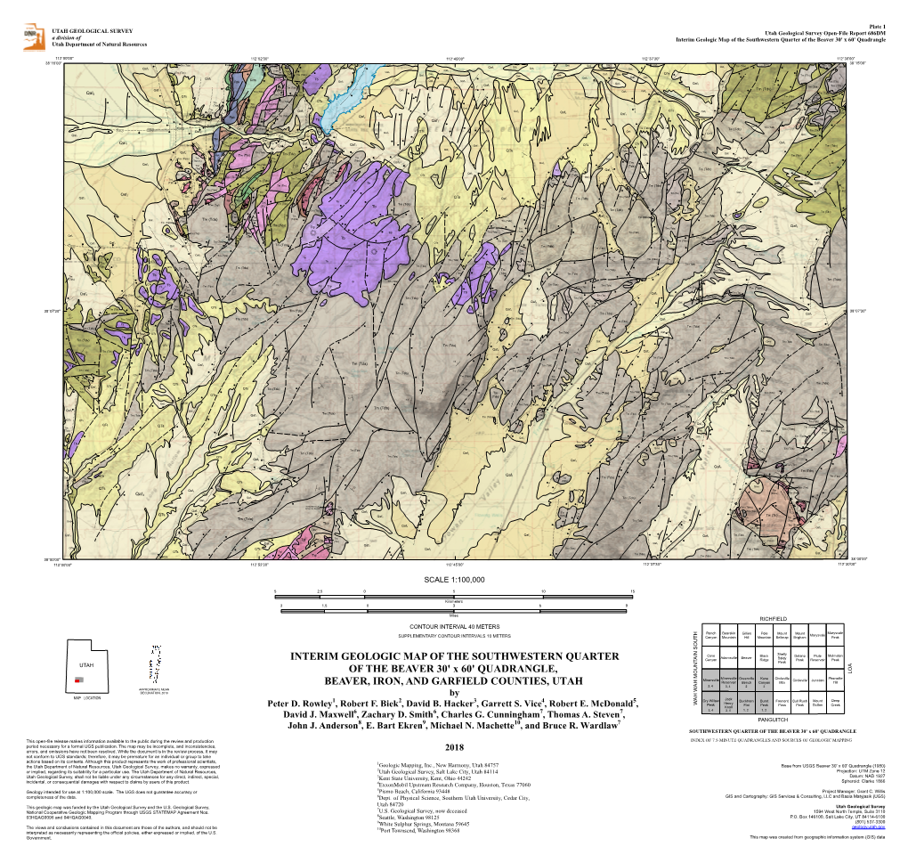 Interim Geologic Map of the Southwestern Quarter of the Beaver 30' X 60' Quadrangle Utah Department of Natural Resources