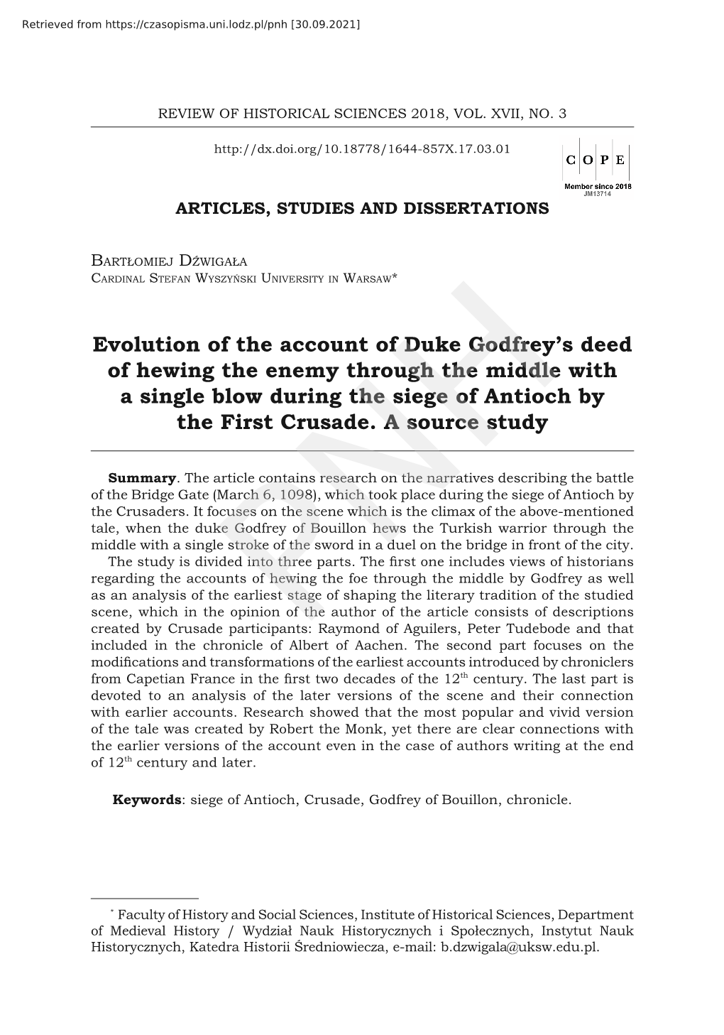 Evolution of the Account of Duke Godfrey's Deed of Hewing The