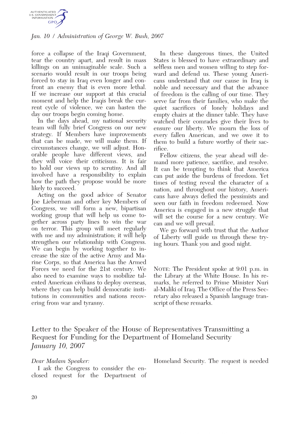 Letter to the Speaker of the House of Representatives Transmitting a Request for Funding for the Department of Homeland Security January 10, 2007