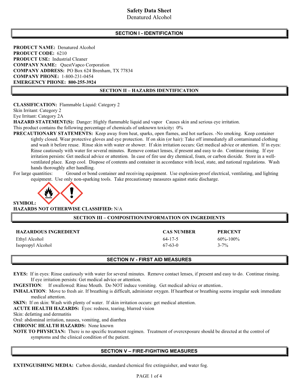 Safety Data Sheet Denatured Alcohol