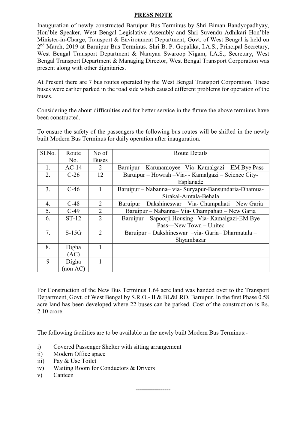 PRESS NOTE Inauguration of Newly Constructed Baruipur Bus Terminus