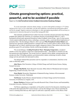 Climate Geoengineering Options: Practical, Powerful, and to Be Avoided If Possible Report on the 2Nd Permafrost Carbon Feedback Intervention Roadmap Dialogue