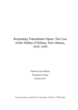 Resituating Transatlantic Opera: the Case of the Théâtre D'orléans, New
